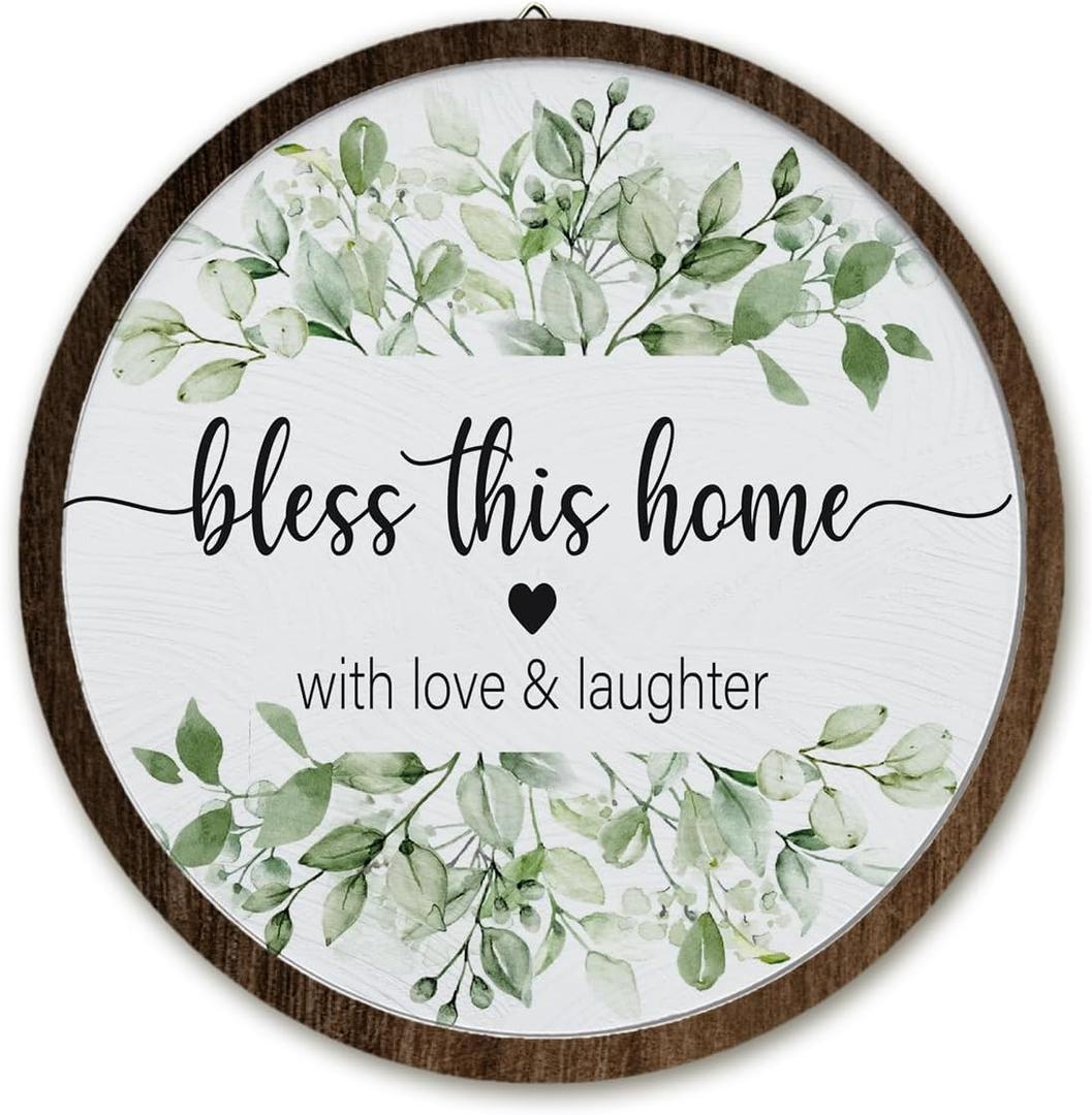 BIWSHA Sage Green Bless This Home Sign Wall Art Decor, Christian Prayer Eucalyptus Round Wooden Wall Hanging Room Door Decor Gifts for Women Bedroom Living Room Home, 10 Inch Diameter