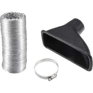 Air Intake Duct, Front Bumper Car Square Brake Air Duct with Extendable Flexible Hose and Hose Band Plastic Aluminum Black, 1 Set