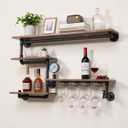 Bar Liquor Shelves, Industrial Pipe Shelving Wine Rack Wall Mounted with 4 Stem Glass Holder, Rustic Floating Pipe Shelf