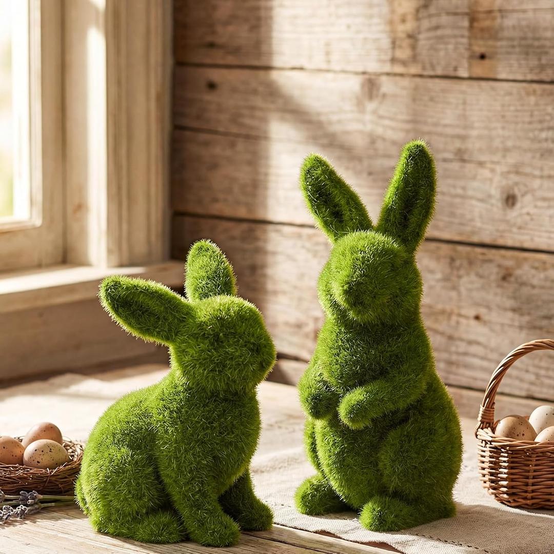 Wesiti 2 Pcs Easter Flocked Moss Bunny Decor Figurines Resin 4.5/5.5 Inches Green Rabbit Decoration Artificial Faux Moss Bunny Rabbit Table Decor for Spring Easter Outdoor Garden Baskets Yard