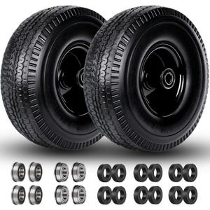 4.10/3.50-4" Flat Free Tire and Wheel, 10 Inch Solid Tire with 5/8" Axle Bore Hole with 3/4" & 1/2" Extra Bearings, 2.2" Offset Hub for Wheelbarrow, Wagon, Gorilla Cart, Dolly, Hand Truck, Generator (black)