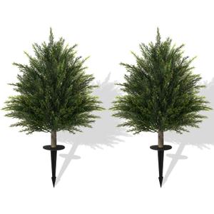 2ft Tall 2 Set Artificial Cypress Topiary Tree, Outdoor Fake Boxwood Cedar Tree with Spike, Indoor Realistic Faux Bushes Plants for Home Living Room Outside Front Porch Decor