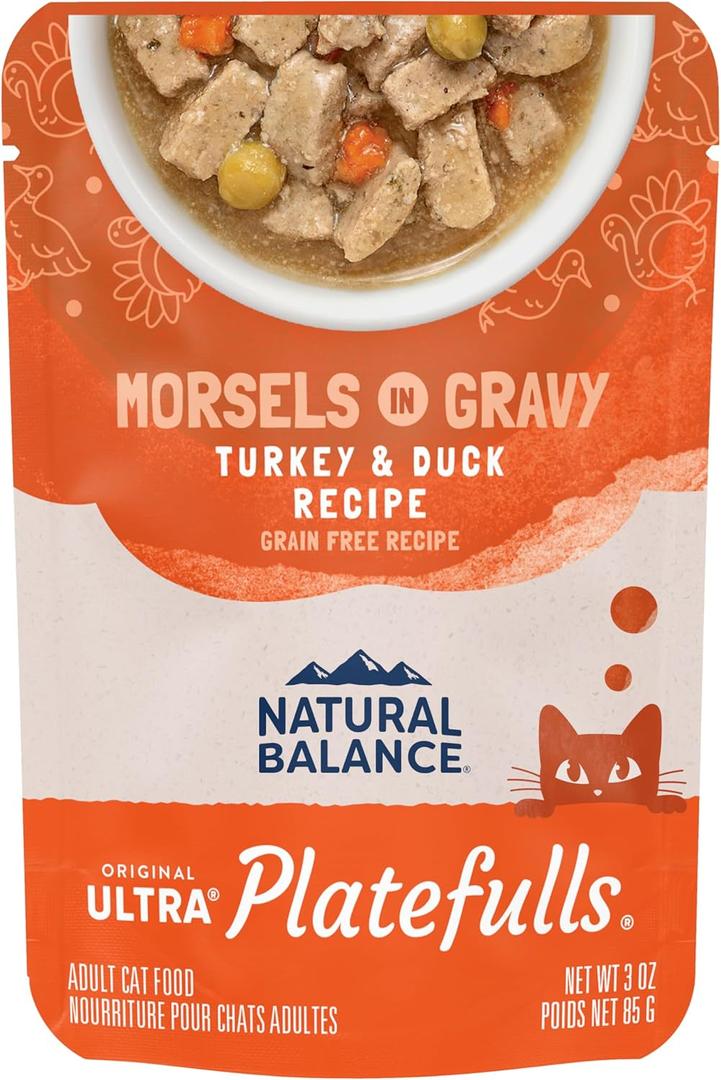Natural Balance Original Ultra Platefulls Indoor Adult Grain Free Wet Cat Food, Turkey & Duck Recipe, 3 Ounce Pouch (Pack of 24), BBD 03/20/2026