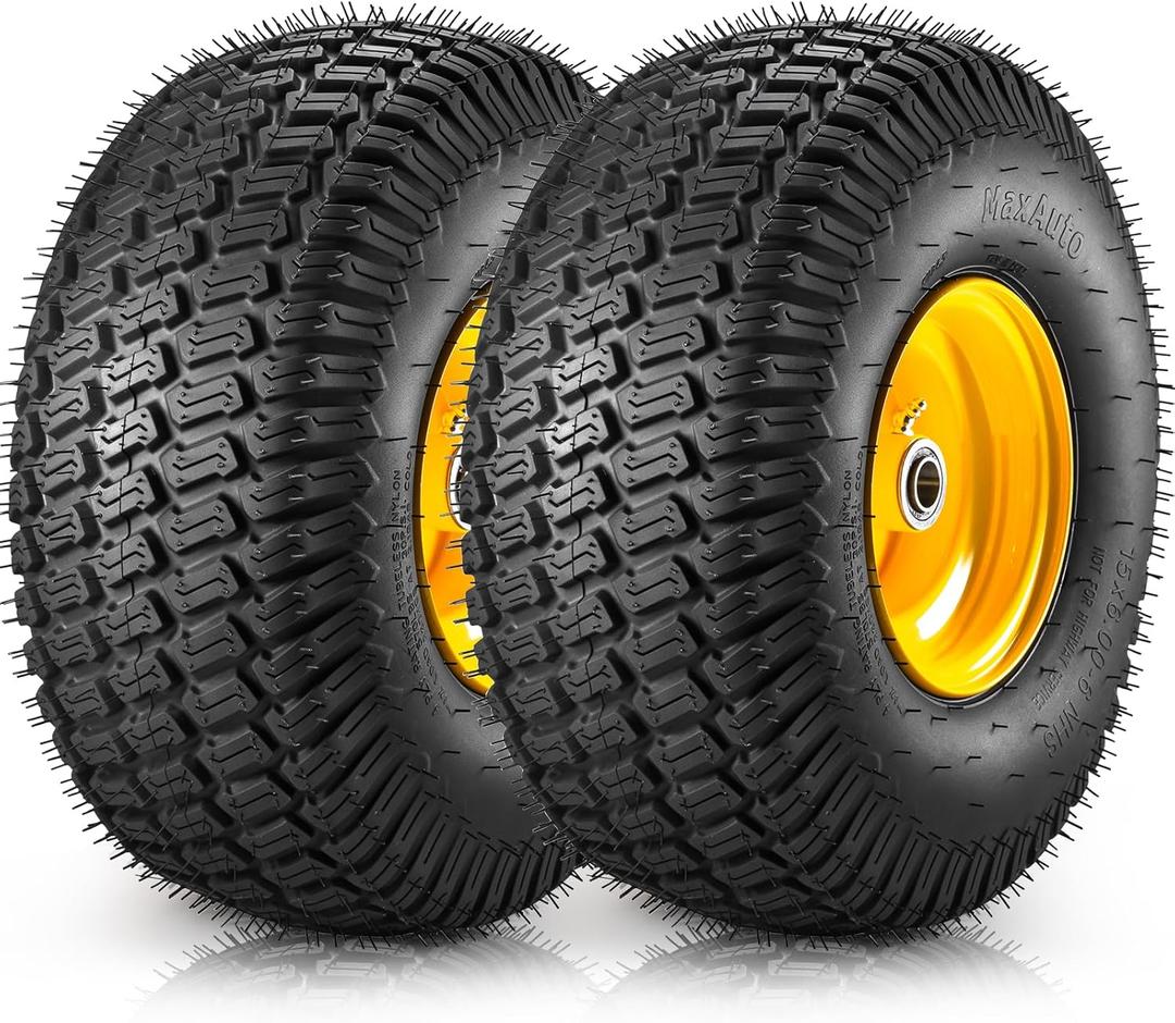 MaxAuto 15x6.00-6 Tire and Wheel, 15x6.00-6 Lawn Mower Tires, 15x6-6 Front Tire Assembly Compatible with John Deere/Cub Cadet Riding Mowers, 3" Offset Hub 3/4" Bearings, 570lbs Capacity, Tubeless