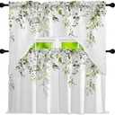 Eucalyptus Leaves Curtain and Swag Valance Set Spring Plant Decorative 3 Pcs Window Curtain & Swags Pair Sets Kitchen Topper for Living Room Bedroom