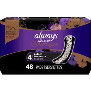 Always Discreet Boutique Incontinence Panty Liners for Bladder Leaks, Size 4, Very Light Absorbency, Long Length, 96 Count (2 Packs of 48)