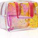 TPU Holographic Pink Clear Star Large Cosmetic Bag and Travel Pouch with Handle,Durable TPU Material,Zipper Design-Ideal for Makeup,Travel Essentials (Holographic pink)