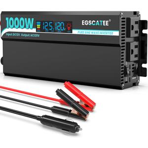 1000W Pure Sine Wave Inverter - 12V DC to 110V/120V AC Car Power Converter with 2 AC Outlets, USB Port, Type-C Port, LCD Display Power Inverter for Car, Truck, Home, Vehicles, Laptop