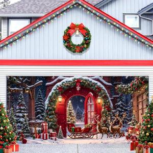 Christmas Garage Door Cover Decorations 7x16ft Winter Forest North Pole Backdrop Snowy Xmas Tree Reindeer Snowflake Banner Family Holiday Party Photography Background Decor Murals Outdoor