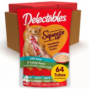 Delectables Squeeze Up Tuna with Catnip Creamy Squeezable Puree, Lickable Wet Cat Treats, Grain Free, No Added Fillers, No By-Products, No Added Preservatives, 0.5 Ounces Tube, 64 Tubes Total (EXP 05/20/27)