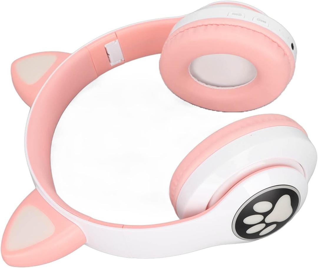 Pomya Earphone, Cat Ear Appearance Kids Headset, Bluetooth 5.0 Glowing Music Headphone, Foldable Kids Headphone Supports MP3, WAV Format (and White)
