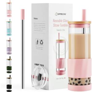 Glass Cups With Lids and Straws, 20oz Reusable Iced Coffee Cup, Soft Pink Glass Tumbler with Silicone Sleeve, Perfect for Fruity Drinks, Iced Tea, or Smoothies