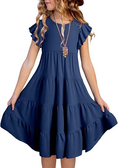 blibean Girls Summer Boho Sun Dress Tween Ruffles Tiered Dresses, Color: A Dark Blue,  Size 12-13 Years