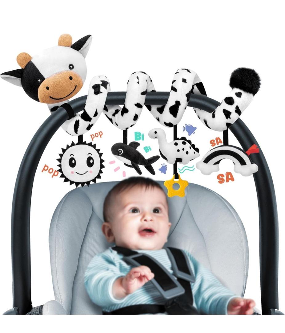 Spiral Car Seat Baby Toys 0-6 Months, Infant Carseat High Contrast Sensory Toys Hanging Stroller Accessories, Newborn Shower Gifts for Baby Boys Essentials Stuff, Cute Black and White Cow