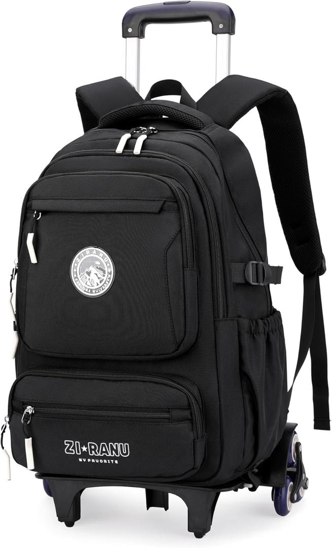 Black Rolling Backpack for Boys Middle Junior School Kids, Boys Backpack with 6 Wheels, Black