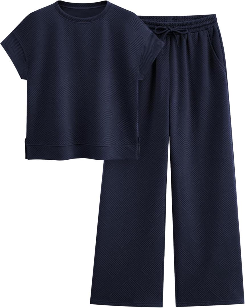 PRETTYGARDEN 2 Piece Outfits For Women Casual Tracksuit Short Sleeve Tops And Wide Leg Long Pants Matching Lounge Sets (Blue, L)