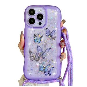 Yzniyzce Crossbody Case for iPhone  with Detachable Lanyard, Hands-Free Bling Glitter Silicone Clear Cute Butterfly Curly Wave Woman Girls Cover with Adjustable Necklace Rope, Purple