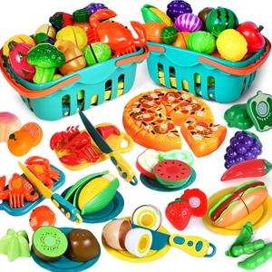 100 PCS Cutting Play Food Toy for Kids Kitchen, Pretend Food Toys for Toddlers, Play Kitchen Toys Accessories with 2 Baskets, Fake Food/Fruit/Vegetable, Birthday Gifts for 3 4 5 Years old Boys Girls (Blue)
