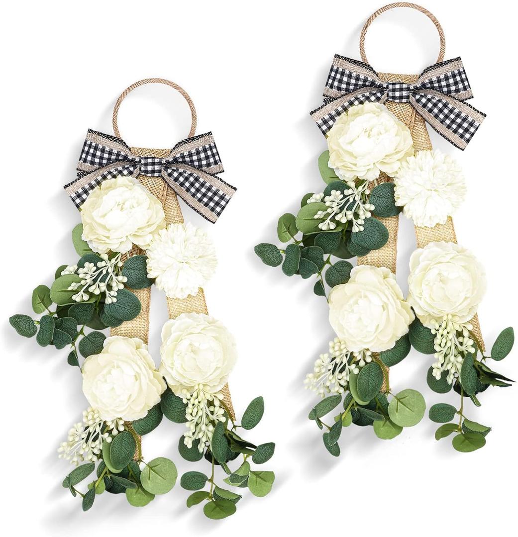 Giegxin 2 Pcs 17" Eucalyptus Wreath Swag Artificial Spring Floral Swag for Front Door Kitchen Cabinet Farmhouse Peony Teardrop Wearths Decor with Ribbon Rustic Wall Hanging Decor for Window Porch