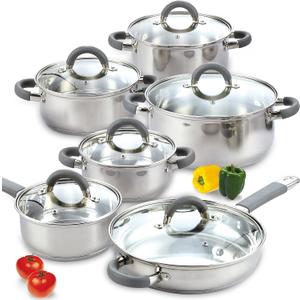 Cook N Home Kitchen Cookware Set, 12-Piece Basics Stainless Steel Pots and Pans Set with Grey Silicone Handle, Silver
