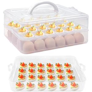 2-Layer Egg Holder for 48 Eggs,Plastic Egg Container with Handle,Deviled Egg Tray with Handle Lid,Devil Egg Holder for Refrigerator,Kitchen,Easter Day Party Containers