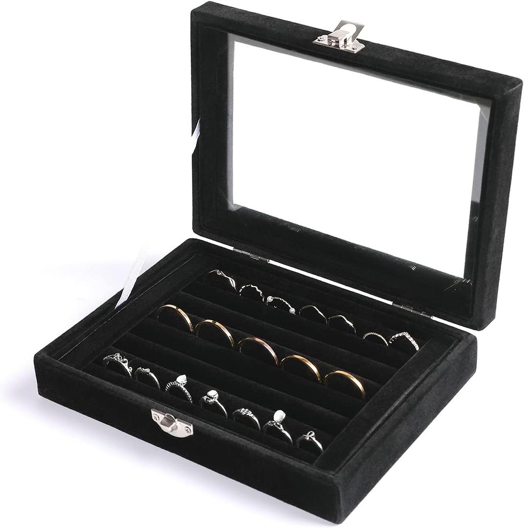 Frebeauty Rings/ Earring Organizer Tray with Clear Lid, 7 Slots Ring Box Velvet Ring Holder Drawer Insert Jewelry Storage Box Jewelry Display Case Jewelry Box Gift for Women and Girls(Black, 7 Slots)