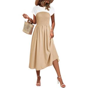 Wenrine Womens Casual Summer Midi Dress Smocked Cap Sleeve Crew Neck Color Block A Line Flowy Beach Dresses (S)