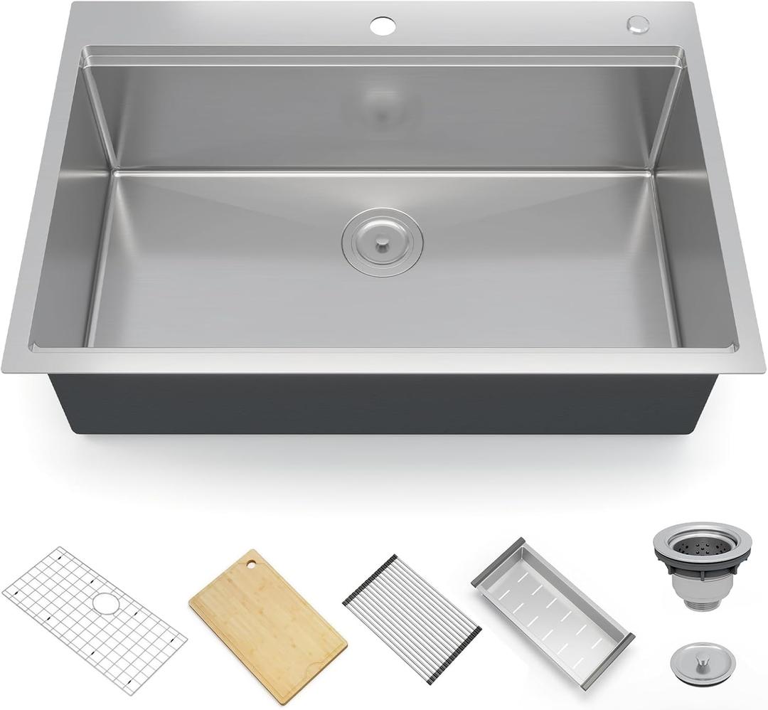 Garvee 30 Inch Kitchen Sink for Single Bowl,Undermount Kitchen Sink Stainless Steel Sink 16 Gauge Kitchen Sinks with Accessories, Easy Drain and Low Noise 30" x18" x10" (Brushed Nickel)