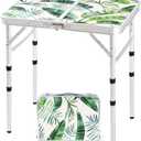 Folding Camping Table 2ft Portable Pinic Table Adjustable Height Small Card Table Aluminum Foldable Lightweight with Carry Handle for Outdoor Indoor Hiking Camp BBQ Beach (Monstera Palm Leaves)