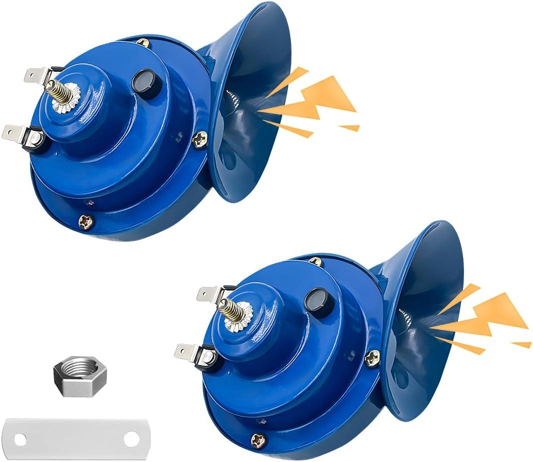2PCS 300DB Super Loud Train Horns, 12V Waterproof Air Electric Snail Horn Replacement Kit, Universal Durable Raging Sound Air Horns for Car, Motorcycle, Truck, Marine Boat (Blue)