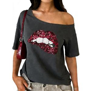 Women's Off Shoulder Tops Sequin Y2k Tops 2026 Spring Tshirts Skeleton Graphic Tees 80s 90s Outfits Going Out Clothes, XL, Grey 