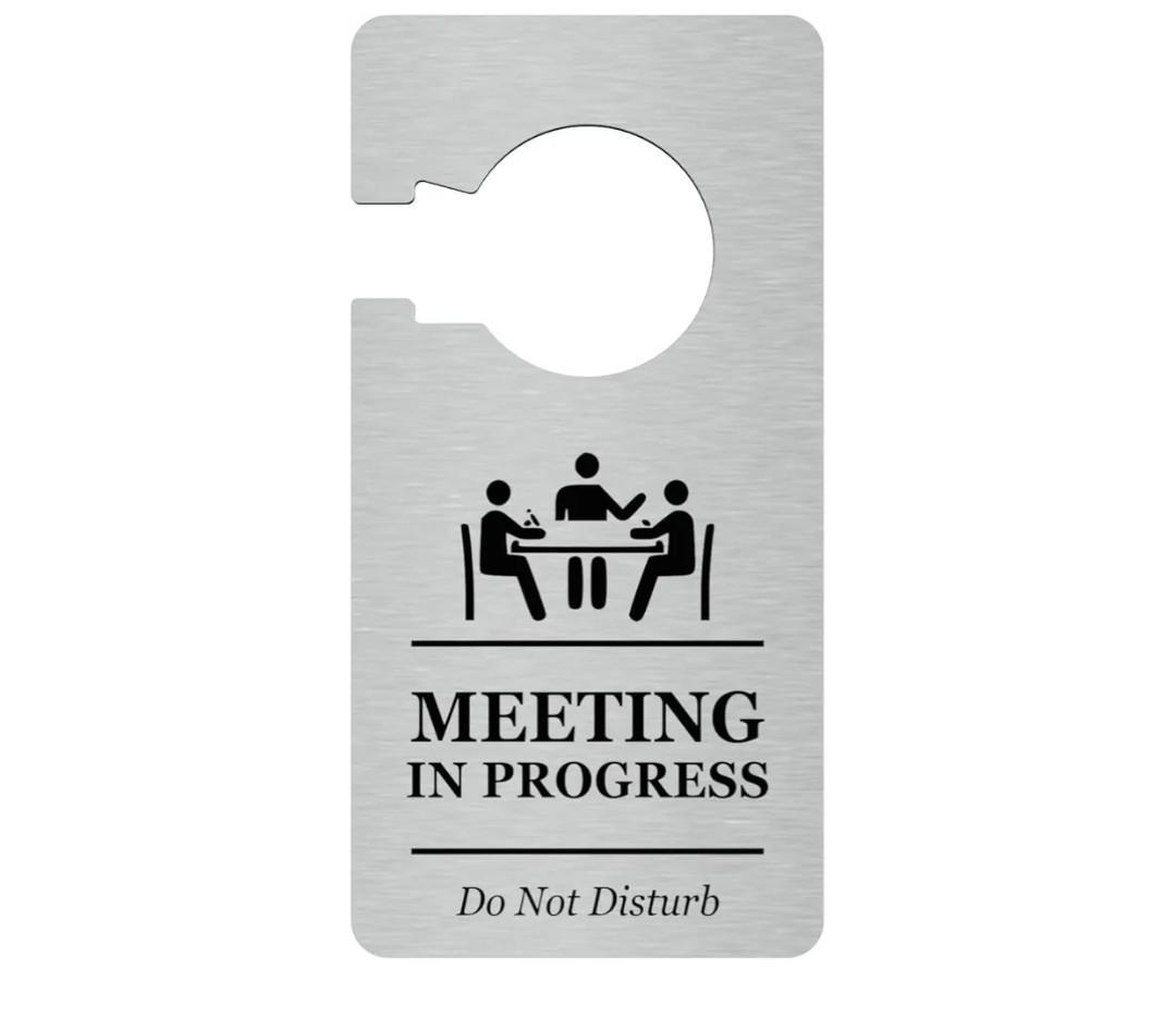 Meeting In Progress Do Not Disturb - Room Or Door Hanger Sign. Use In Home Office. Made In SILVER Acrylic - For Use In Business, Corporate, Hotels, Workplace. Global Shipping