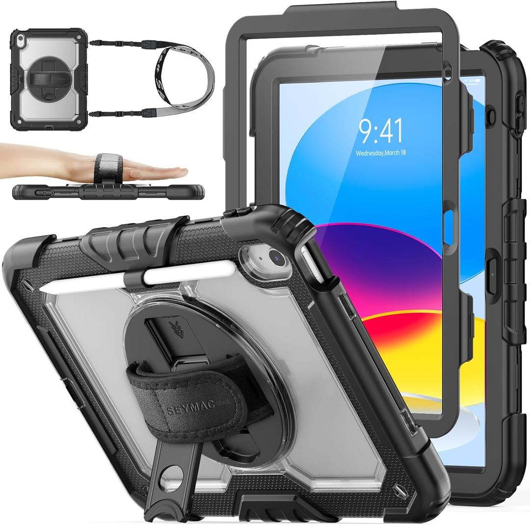 SEYMAC stock Case for iPad (A16) 11th/10th Generation 11''/10.9'' 2025/2022, Full-Body Drop Protection Case with Screen Protector &360 Rotate Hand Strap/Stand, Transparent+Black