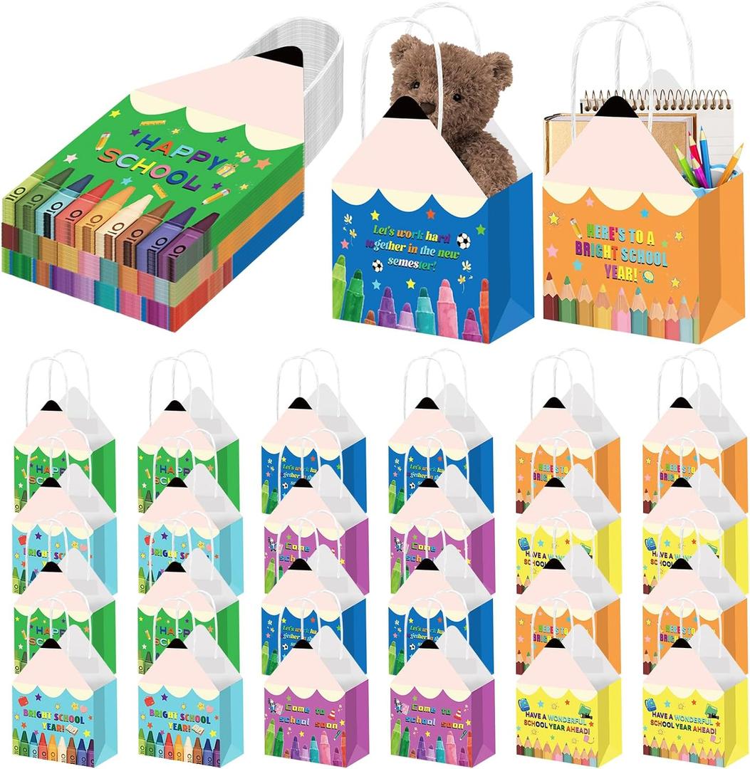 24 PCS Happy First Day of School Gift Bags, Colorful Welcome Back to School Decorations Pencil Goody Bags with Handles, Rainbow Paper Favors Bag for Students Teacher Staff Party Supplies Bulk