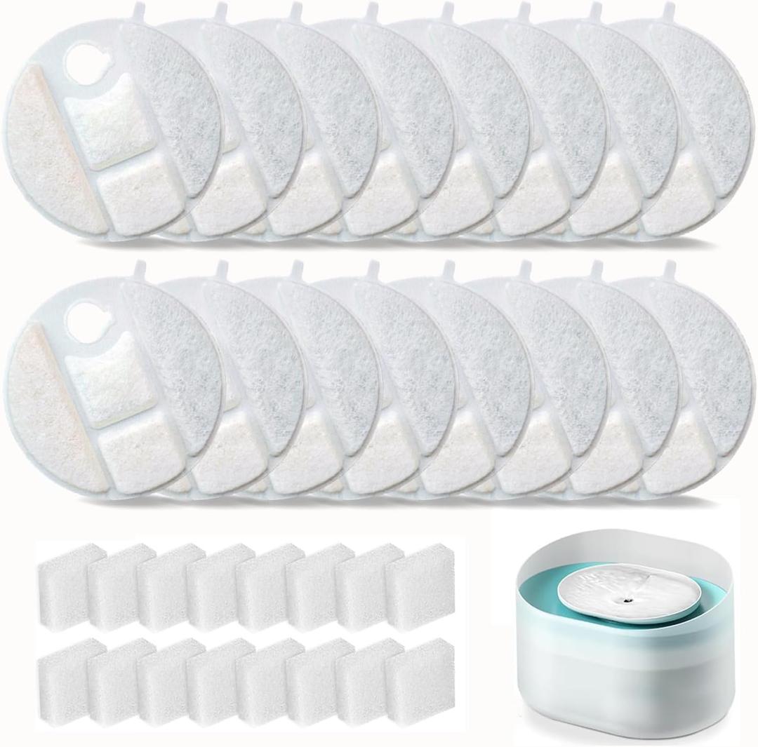 Replacement Filters Compatible with oneisall PWF-001 2L/67oz Stainless Steel Pet Water Fountain Filters with Replacement Pre-Filter Pump Sponges (16+16)