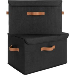 GRANNY SAYS Black Storage Bins with Lids, Decorative Storage Boxes with PU Handles, Linen Closet Organizer, Storage Baskets for Shelves, Fabric Storage Bins for Clothes, Extra Large