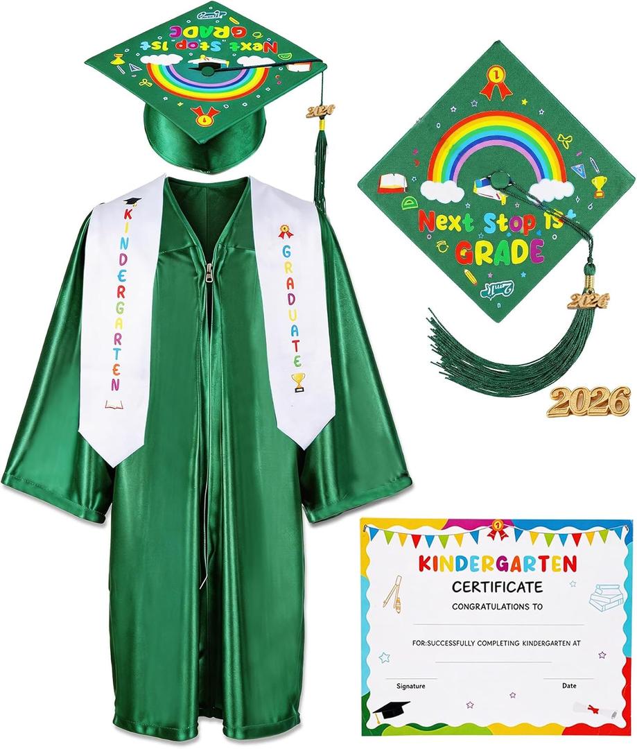 Kindergarten Graduation Cap and Gown - Kids Cap and Gown with Stole and Certificate for 2026 Preschool Graduation, Green Size 30