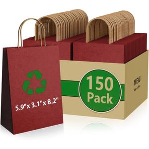 MIEVU 150Pack Small Gift Bags with Handles, 5.9x3.1x8.2 Inch Red Paper Bags (130g More Sturdy Material)  Bulk Christmas Gift Bag, Party Favor Bags, Recyclable Craft Bags for Gifts,Red