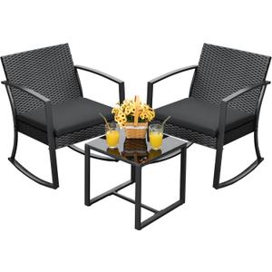 Devoko PP Patio Furniture Set 3 Piece All Weather Outdoor Rocking Chairs with Cushions and Coffee Table for Bistro Balcony Porch (Black)