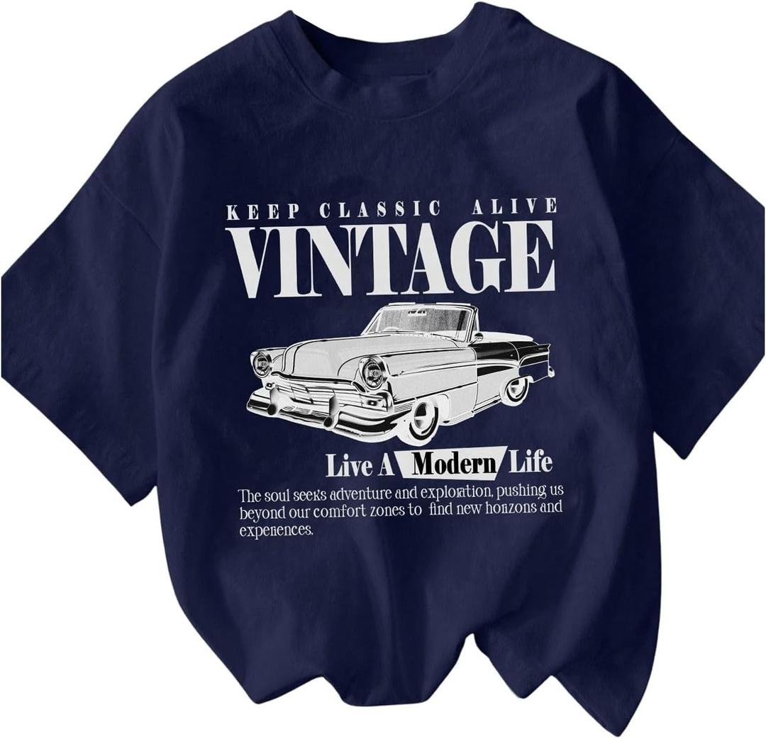 Women's Graphic Letter Tee Crew Neck Drop Shoulder Trendy Summer T Shirt Short Sleeve Vintage Car Print Top (Blue, XXL)