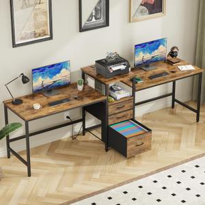 GYIIYUO 93'' Two Person Desk with Charging Station, Long Desk with 3 Fabric Drawers and Printer Shelf, Double Computer Desk, 2 Person Writing Study Table Workstation for Home Office, Rustic Brown