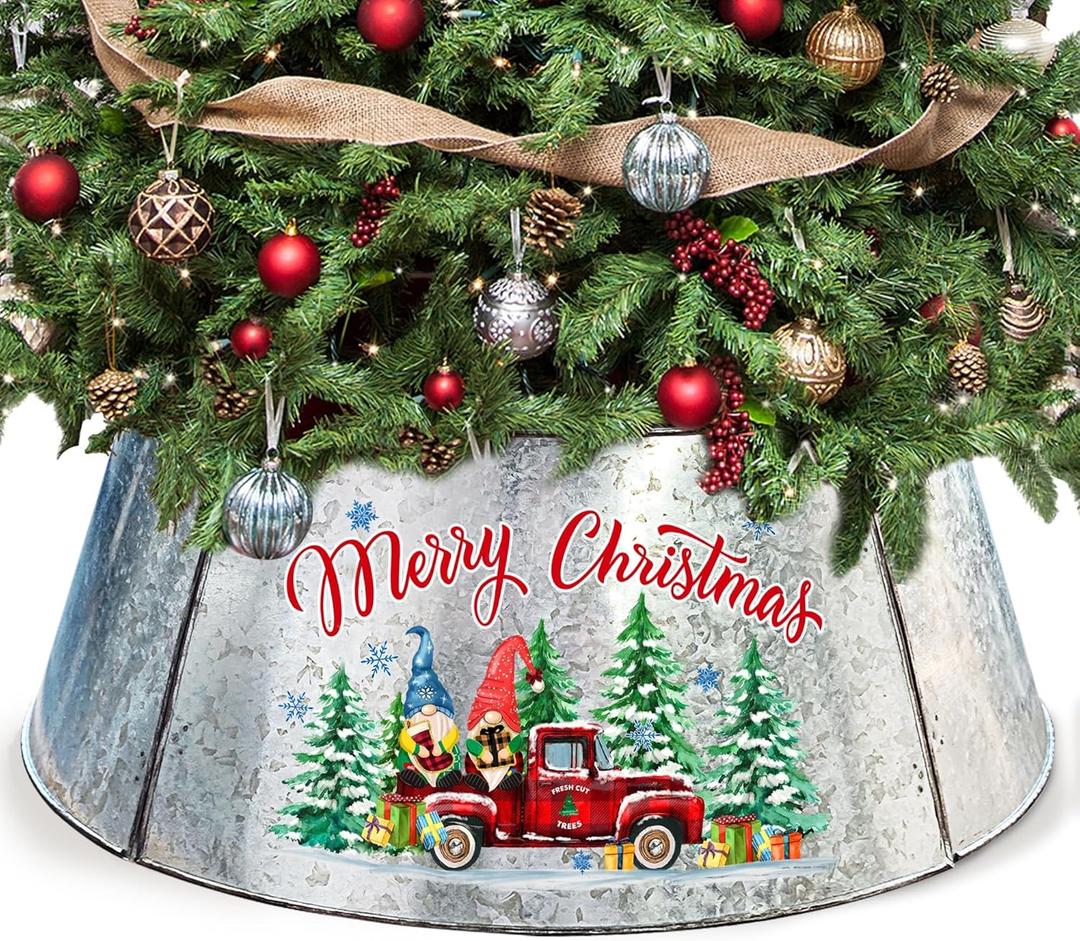 Christmas Tree Collar 29 Inch Diameter Base, Metal Tree Collar for Pencil Tree, Christmas Gnomes Decor (Silver)