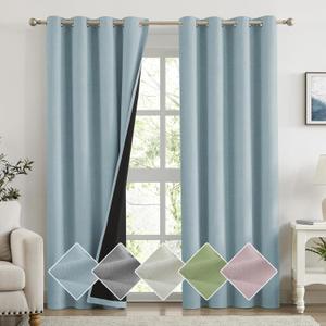 Melodieux 100% Blackout Linen Textured Curtains, Light Blue Black Out Curtains 84 Inch Length Thermal Insulated Drapes for Bedroom/Living Room, Grommet Top and Black Back, 52" W x 84" L(2 Panels)