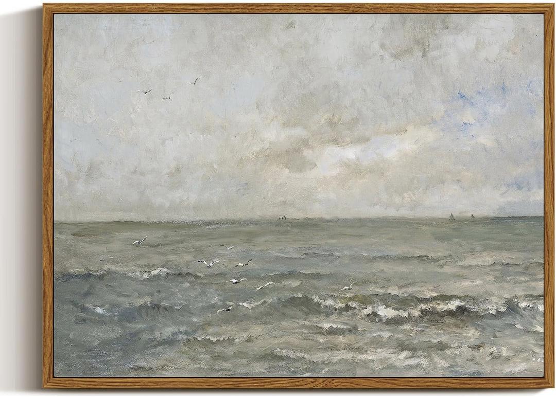 VIYYIEA Ocean Framed Wall Art, Seascape Vintage Art Decor Room Aesthetic, 12x16 Inch Canvas Print Artwork, Calming Landscape Painting Wall Decor for Bedroom Bathroom Office (Blue Seascape 1876)