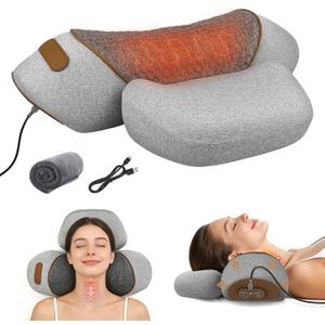 Neck Massager Pillow with Heat- Neck & Shoulder Support with Vibration & Airbag Traction for Pain Relief Deep Tissue, Cervical Hump Corrector Massage Pillow 3D Ergonomic