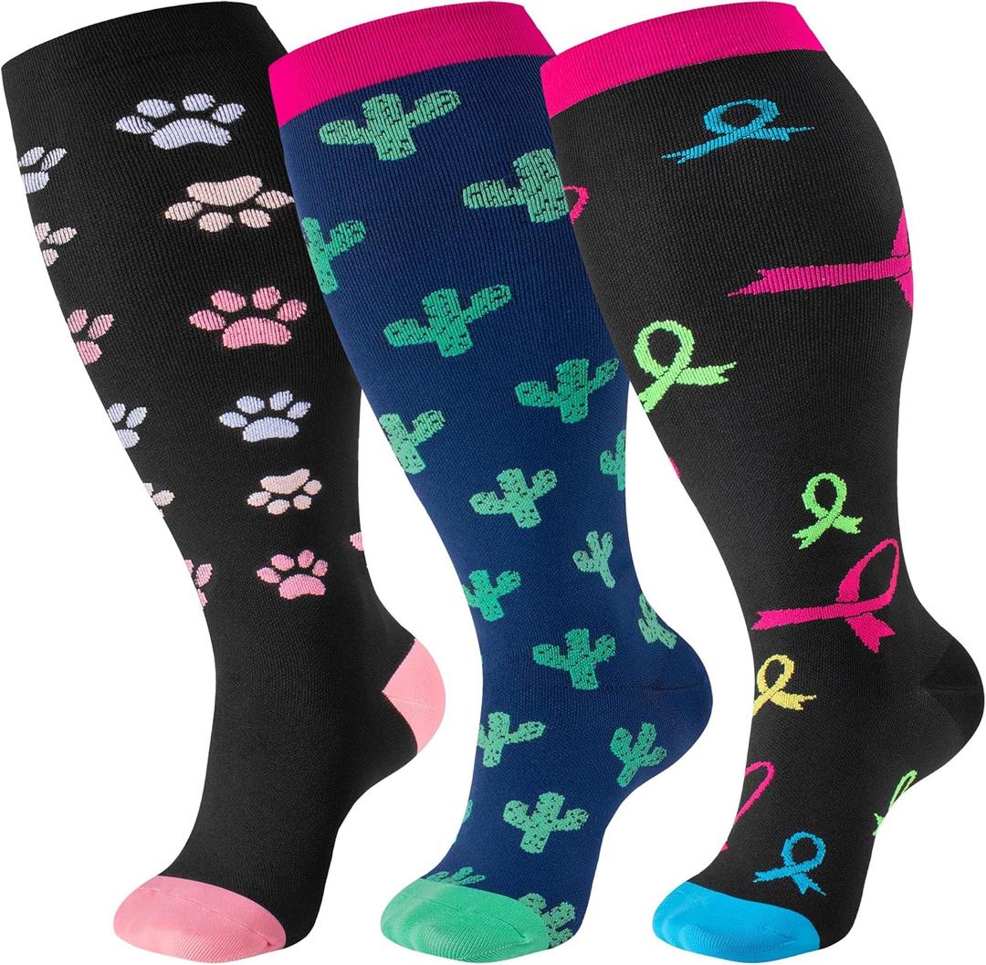 bropite Plus Size Compression Socks Wide Calf for Women & Men 20-30 mmhg-Extra Wide Calf Knee High Support Socks for Medical, Running,Nursing,Athletic (4X-Large, 07- Cactus Plus)