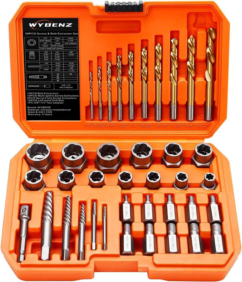 39PCS Screw & Bolt Extractor Set with Left Hand Drill Bit Set,Easy Out Screw Extractor Set,Multi-Spline Stripped Screw Extractor Kit, Bolt Extractor Kit for Studs, Rusted, Bolts & Screws