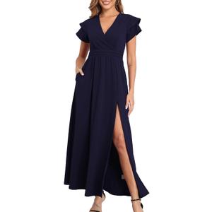 Formal Dress for Women V Neck Side Slit Short Sleeve Wedding Guest 2025 Cocktail Wrap Maxi Dresses with Pockets (XX-Large)