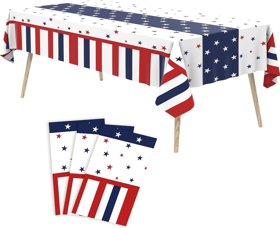 Tbsone 3 Pack 4th of July Patriotic Tablecloth, Disposable Red White and Blue Plastic Table Cloth, USA Party Decorations, Independence Day Supplies for Outdoor Picnic, Camping, Memorial, or Home
