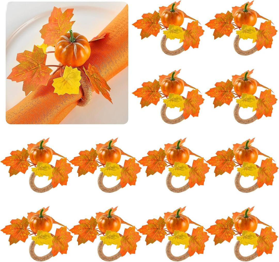 APTWOW Fall Thanksgiving Napkin Rings Set of 12- Fall Pumpkin Napkin Holder, Thanksgiving Napkin Rings for Table Decor, Wedding, Autumn Banquet, Holiday, Dinner Party